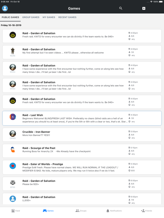 The100.io Destiny 2 Groups iPad screenshot 4 - Social Networking app