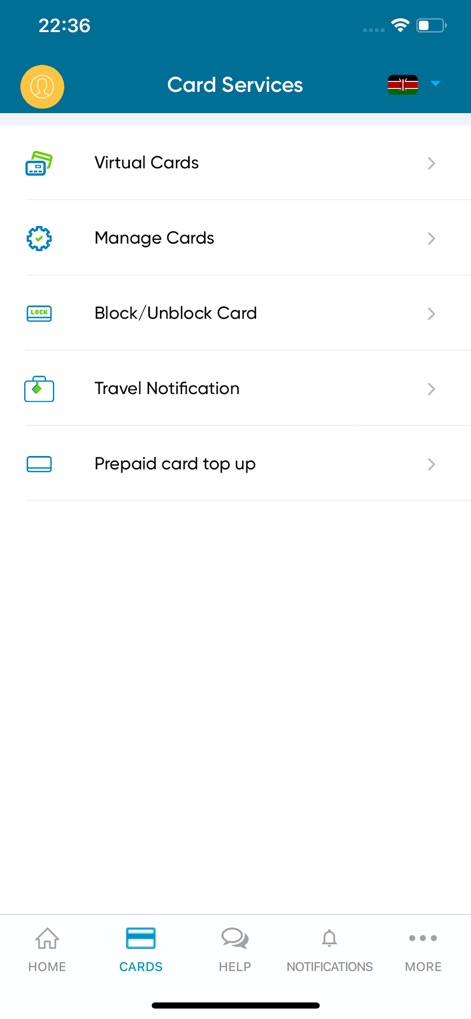 Ecobank Mobile App - 사용자는 이 앱의 '카드 서비스' 섹션에서 '가상 카드' 생성 기능과 '카드 잠금/해제'와 같은 주요 기능을 편리하게 관리할 수 있습니다.
