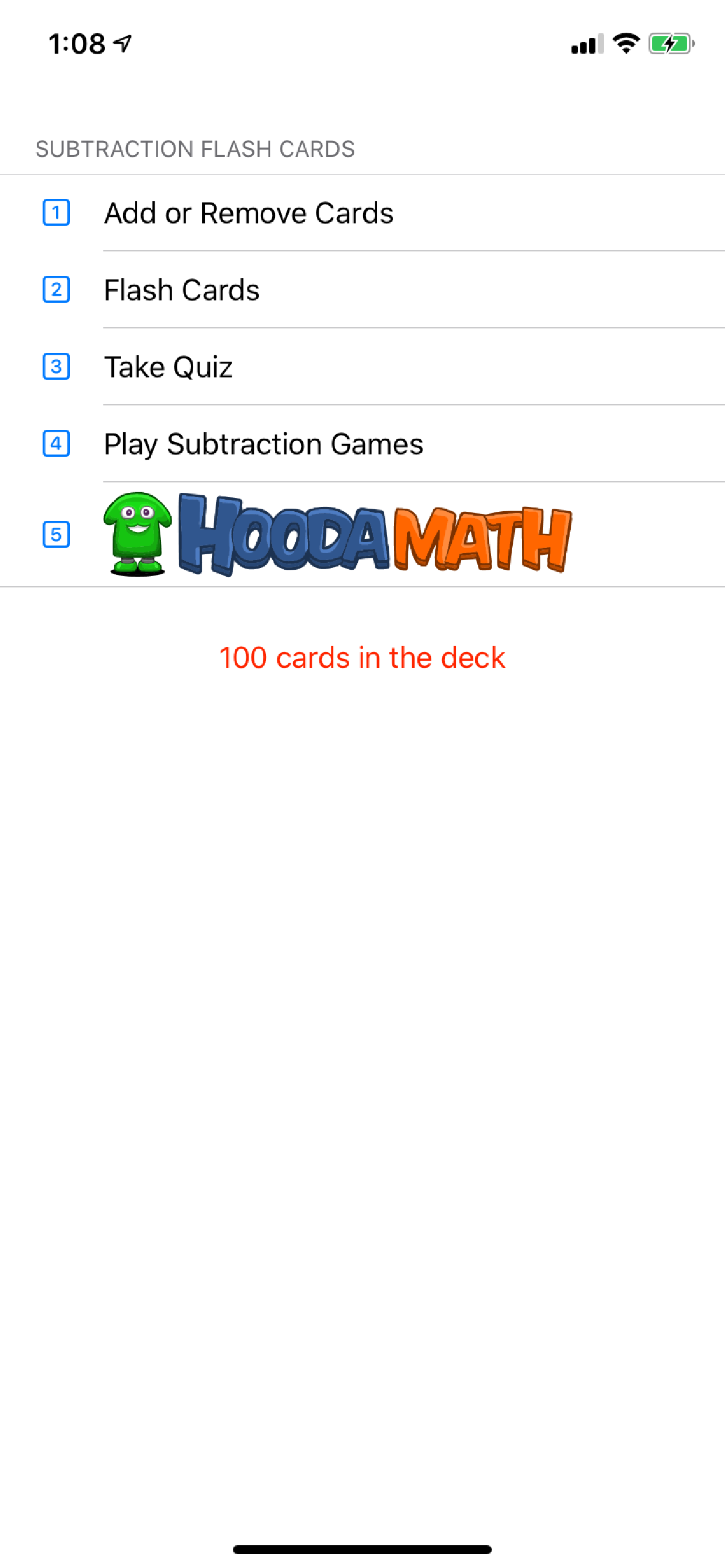 Subtraction Flash Cards Hooda