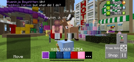 Builder Buddies Craft & Mine R - Experience lively social interactions between avatars against a backdrop of distinctive block-based buildings, such as the prominent "Hotel."