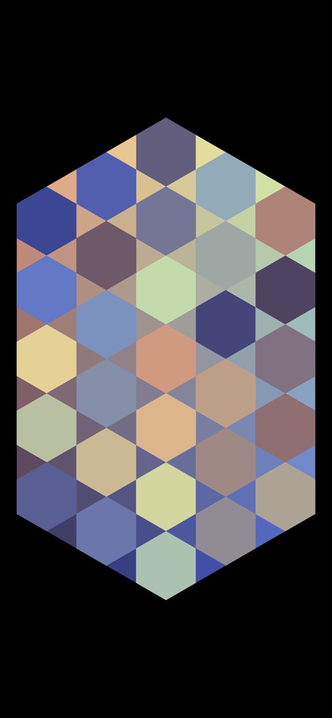 I Love Hue Too - Appreciate the refined aesthetic of a puzzle featuring hexagonal tiles arranged within a large hexagonal outline, displaying a subtle desaturated color palette for a calming challenge.