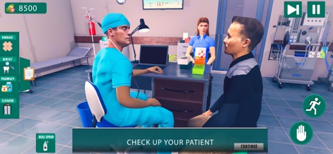 Dream Hospital Real Doctor Sim - Users can conduct vital patient check-ups within a dedicated consultation room, complete with a doctor engaging with a patient and essential medical equipment.