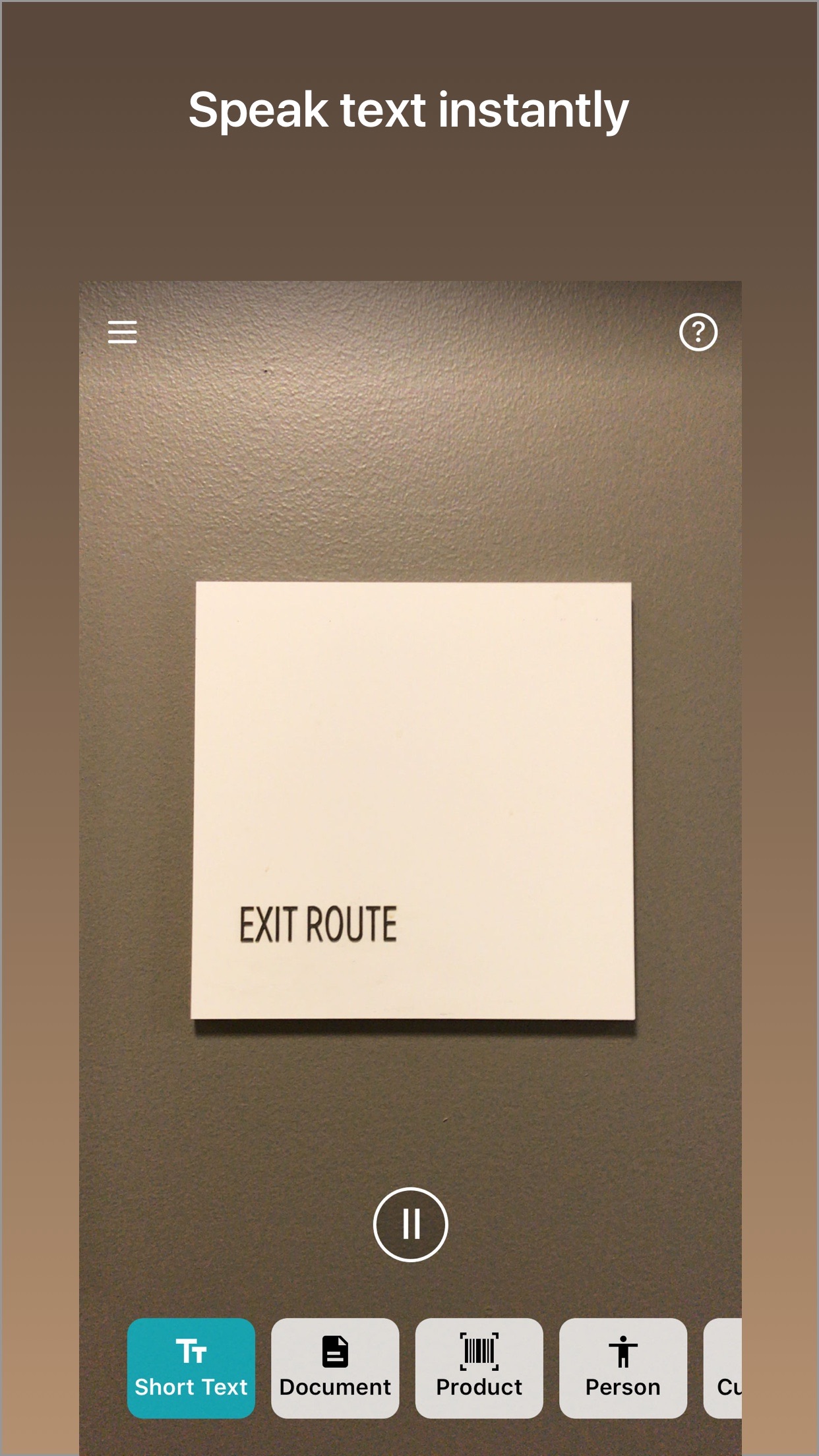 Screenshot do app Seeing AI
