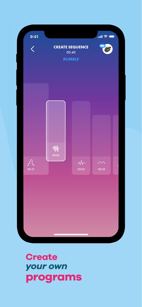 Satisfyer Connect - Learn how users can craft custom sequences, arranging individual program blocks like "RUMBLE" on a clear timeline interface.