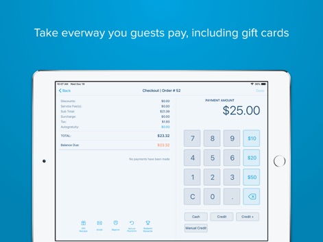 Revel POS - La plataforma permite una flexibilidad de pago superior, facilitando la entrada de montos con un teclado numérico y visualizando el balance pendiente.