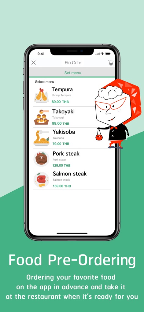 QueQ - No more Queue line - This tool enables convenient food pre-ordering, displaying a clear list of 'menu items' such as 'Tempura' and 'Salmon steak' with their respective prices.