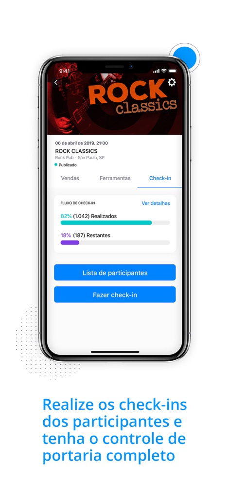Sympla Organizador - L'app semplifica il processo di check-in, mostrando una chiara percentuale di accessi realizzati e permettendo agli organizzatori di accedere rapidamente alla lista dei partecipanti per una gestione fluida.