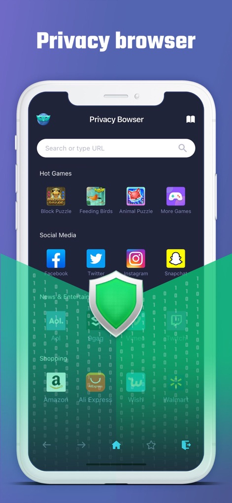 AppLock - photo lock - La interfaz muestra un navegador privado con accesos directos a redes sociales y un escudo con código binario, enfatizando la protección de la privacidad durante la navegación.