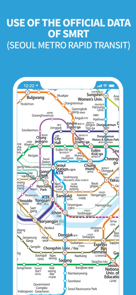 Subway Korea - The app presents highly accurate, officially sourced data from SMRT, with clear station names and multi-line connections visible on the map.