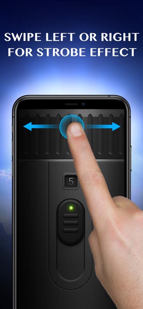 Flashlight ¤ - Gli utenti possono attivare l'effetto strobo con un semplice gesto di scorrimento orizzontale, come indicato dalle frecce blu. La facilità di interazione con l'interfaccia permette un controllo rapido e reattivo.
