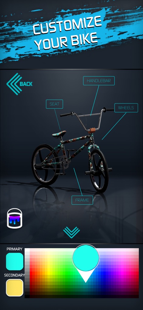 Touchgrind BMX 2 - This tool empowers players to personalize their ride, offering extensive customization for various bike parts like handlebars and wheels, along with a comprehensive color palette.