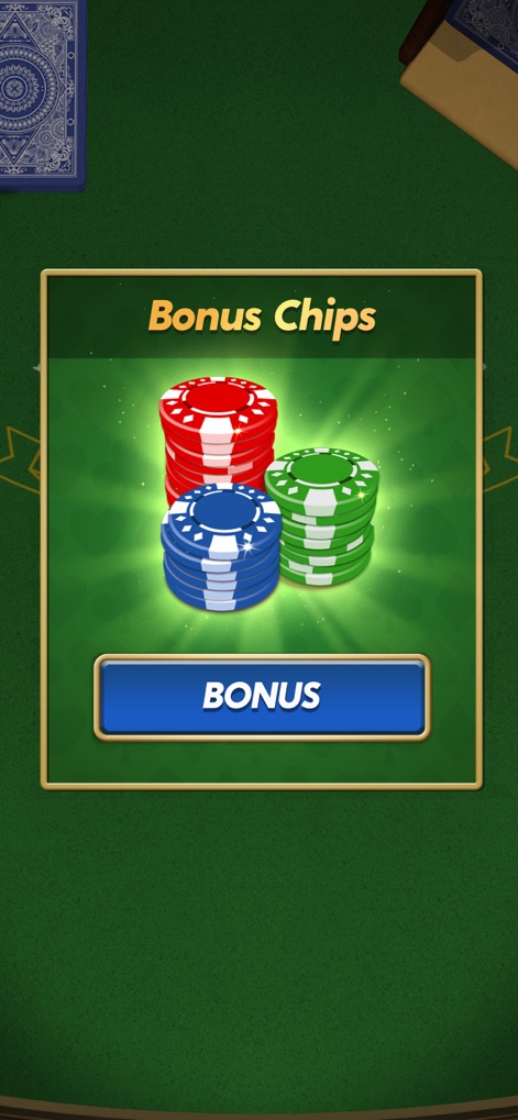 Blackjack - プレイヤーはボーナスチップを受け取れるポップアップが表示され、ゲーム内で利用できる無料チップと「BONUS」ボタンが強調されています。