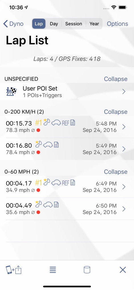 Harry's Dyno - Users can review a comprehensive 'Lap List' of past performance runs, effortlessly filtering by 'Day' or 'Session' to find specific test data.