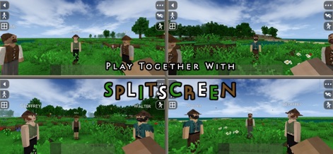Survivalcraft 2 Day One - This image showcases the robust split-screen multiplayer functionality, allowing multiple player characters to share and explore the expansive world simultaneously.