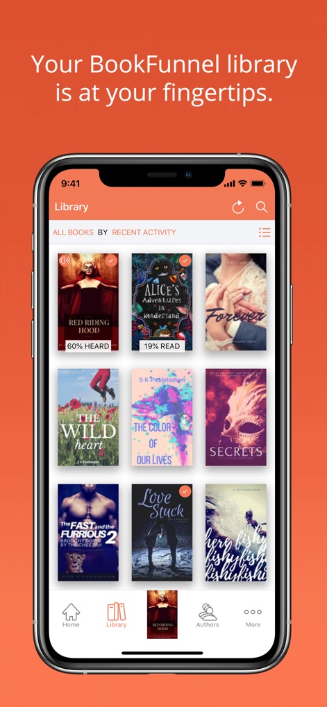 BookFunnel - See how BookFunnel organizes book covers into a searchable library and displays reading/listening progress indicators.
