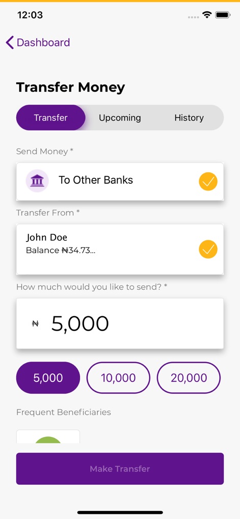FCMB Mobile - La sección de transferencia de dinero facilita las transacciones, permitiendo a los usuarios seleccionar rápidamente "To Other Banks" (A otros bancos) e ingresar montos específicos, como "5,000 N", con opciones de acceso rápido.