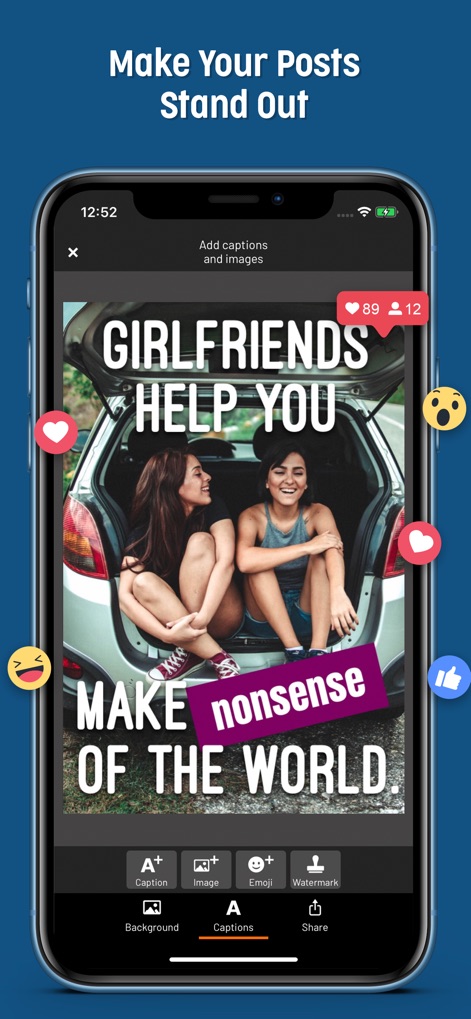Mematic - The Meme Maker - The app helps posts stand out by enabling users to overlay bold text and incorporate a variety of social media reaction emojis directly onto their creations.