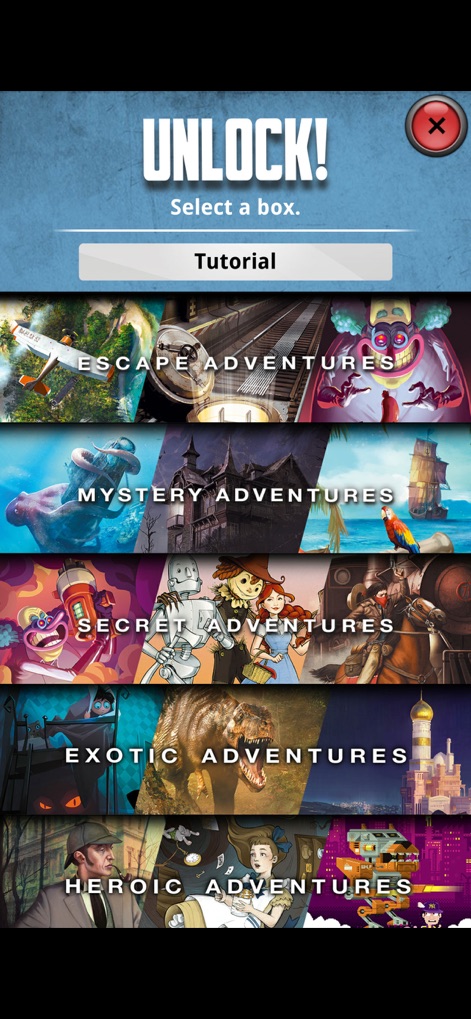 Unlock! - Nutzer entdecken hier die Vielfalt der verfügbaren Abenteuerkategorien, präsentiert mit farbenfrohen Illustrationen, die auf die jeweiligen Themen einstimmen.