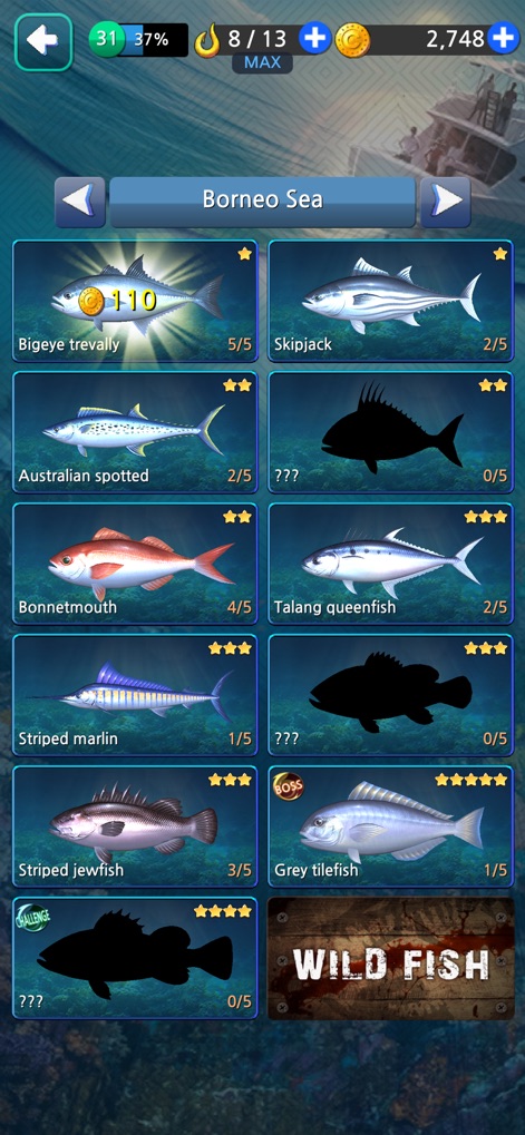 Fishing Hook - Explore the comprehensive fish collection grid displaying a wide array of species and their individual rarity ratings, encouraging completion and discovery.