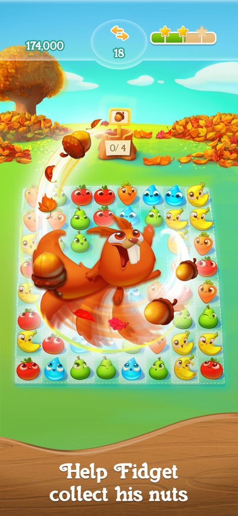 Farm Heroes Super Saga - Observe the animated squirrel character, Fidget, actively collecting nuts, and note the autumn-themed game board with falling leaves.