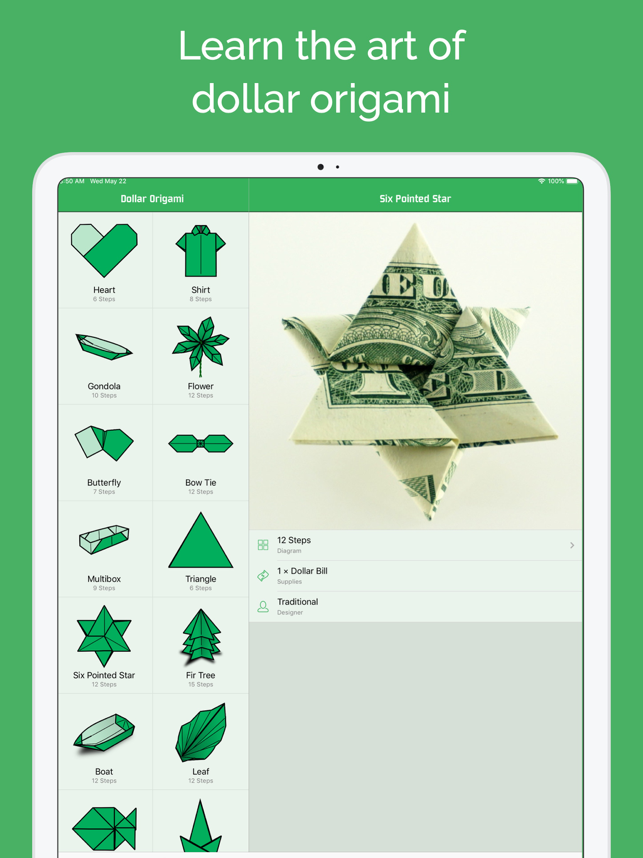 Captura de tela do origami de nota de dólar