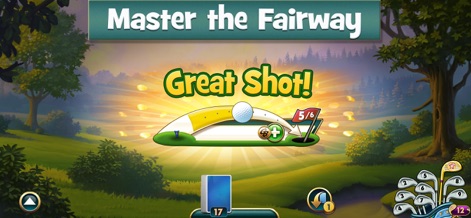Fairway Solitaire - Card Game - Il gioco celebra i successi degli utenti, mostrando l'animazione 'Great Shot!' che illustra la traiettoria perfetta della palla verso la buca con la bandiera.