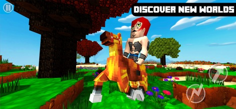 Castle Crafter Survival Craft - Uncover the sprawling block-based worlds, illustrating how players can mount horses to traverse diverse landscapes and discover new territories.