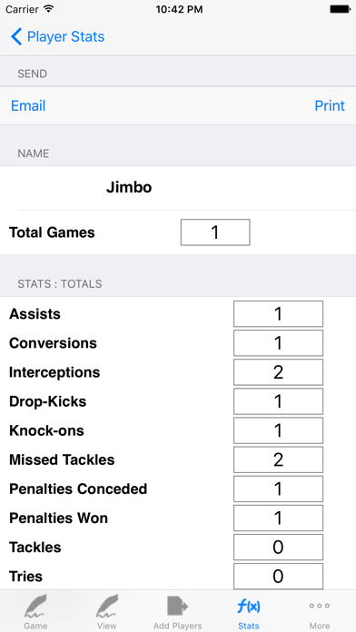 Rugby Player Stats Tracking Screenshot