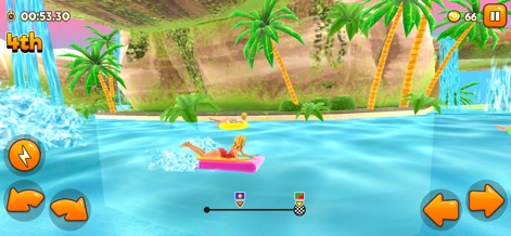Uphill Rush Water Park Racing - Challenge friends in the new multiplayer mode, where multiple characters race across a water area set against a scenic waterfall and rock formation environment.