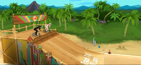 Mad Skills BMX 2: Bike Game - The app features exhilarating races on a tropical island track, showcasing a wooden starting ramp and vibrant beachside scenery with palm trees.