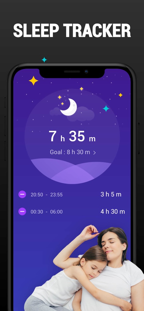 Teen Workout & Meal Plan - The integrated "SLEEP TRACKER" allows users to monitor their nightly rest, clearly displaying total hours slept like "7 h 35 m" against their personalized "Goal : 8 h 30 m" for optimal recovery.