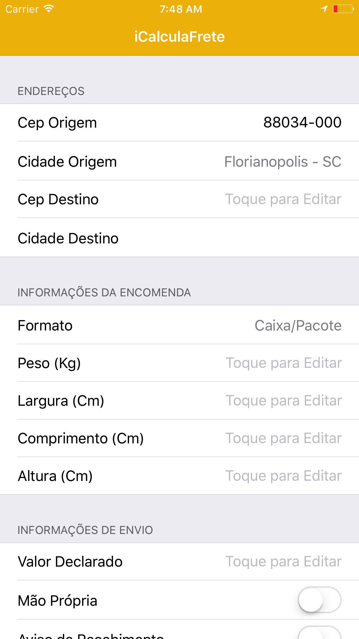 Screenshot do app iCalculaFrete