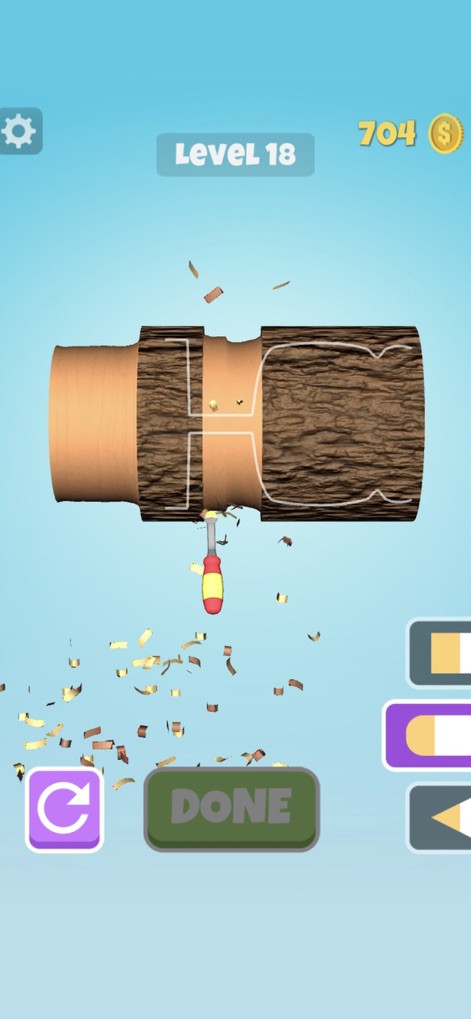 Wood Shop - Users can engage in precise carving, guided by a responsive chisel tool and a helpful target outline to achieve desired shapes.