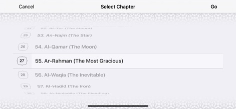 ezQuran - Easy Read Quran - La aplicación simplifica la búsqueda con una lista organizada de capítulos, permitiendo a los usuarios desplazarse por los títulos de las suras y acceder instantáneamente a la sección deseada.