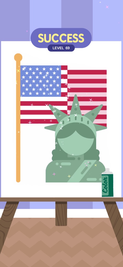 Stencil Art - Spray Masters - Users can paint patriotic scenes, including the American flag and Statue of Liberty, using the intuitive spray can interface to reach "LEVEL 69" success.