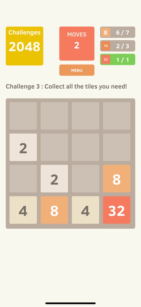 2048 - Die App präsentiert den "Challenges"-Modus, in dem Nutzer bestimmte Kacheln sammeln und ihren Fortschritt über die übersichtlichen Zielanzeigen verfolgen.
