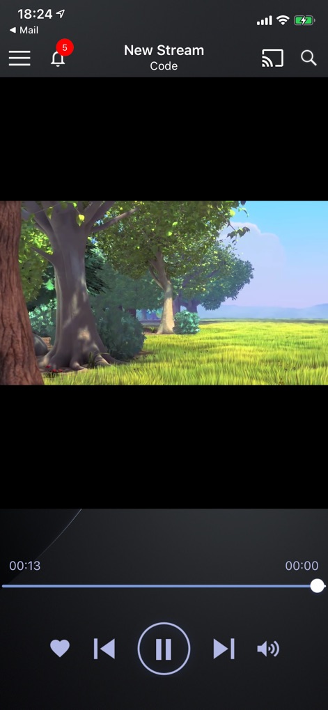 Live Player - AI media player - Esta imagem ilustra a interface de reprodução, com o ícone de transmissão (Cast) no canto superior direito e os controles de reprodução intuitivos na parte inferior da tela, prontos para qualquer conteúdo.