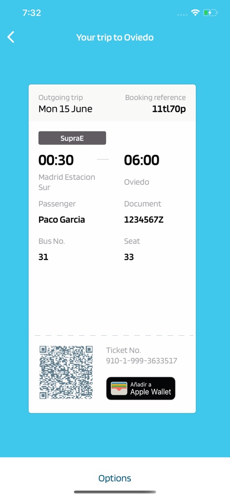 Alsa: Buy coach tickets - El billete digital es accesible en la aplicación, incluyendo detalles como el número de asiento y un código QR, y ofrece la funcionalidad de añadirlo a la cartera digital (Apple Wallet).