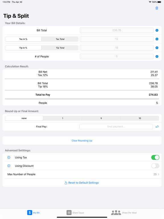 Tip and Split iPad screenshot 4 - Food & Drink app