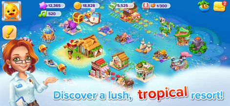 Family Farm Seaside - Immerse yourself in a serene seaside environment, featuring charming tropical buildings and unique water-based decorations, expanding the farming experience beyond the land.