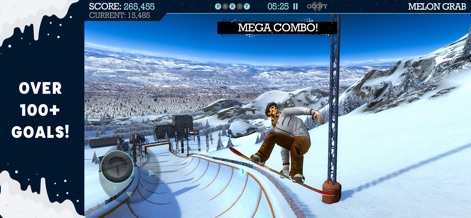 Snowboard Party - See how the app tracks successful trick chains with the "MEGA COMBO!" indicator, all while users engage with over "100+ GOALS!" within diverse halfpipe environments.