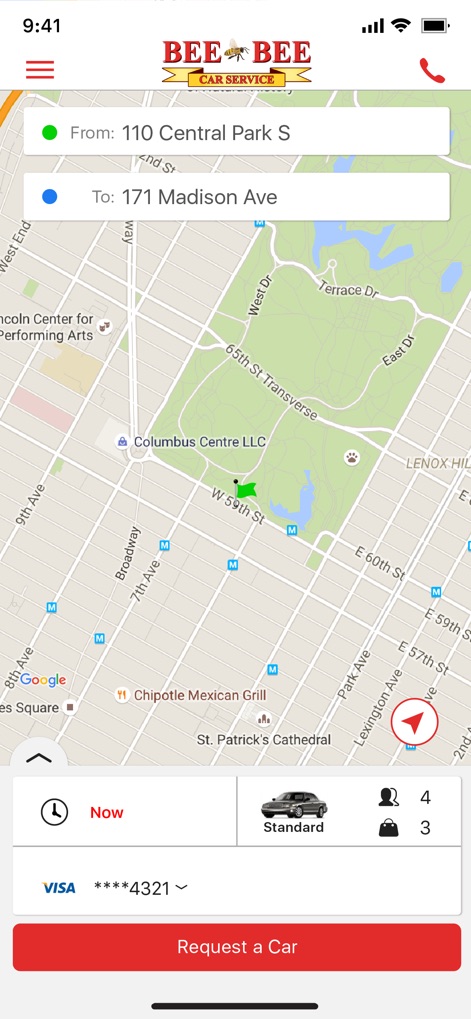 Bee Bee Car Service - The booking screen allows users to define their journey from 'From' and 'To' fields and seamlessly finalize their request using the 'Request a Car' button, ensuring a personalized ride.