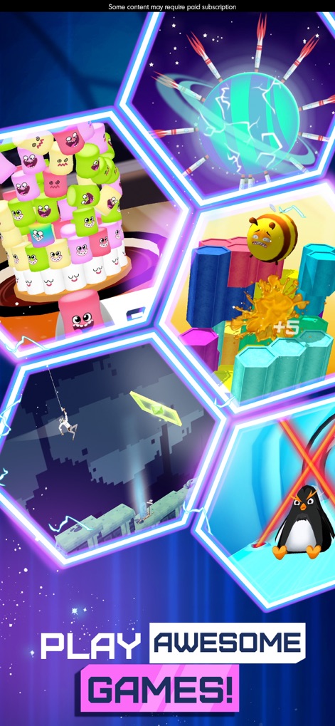 Budge GameTime - O aplicativo apresenta uma seleção de jogos casuais em formatos hexagonais, exibindo desde um jogo de empilhamento de blocos coloridos até desafios com uma abelha saltitante, destacando a diversidade de conteúdo.