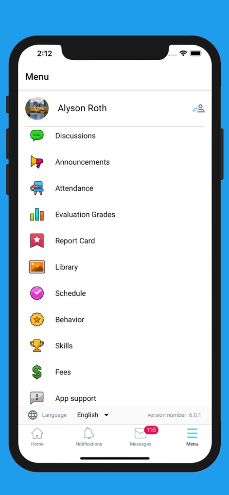 eSchool Connect - This comprehensive menu provides users with a streamlined overview, showcasing key sections like 'Evaluation Grades' and 'Attendance' for efficient information access.