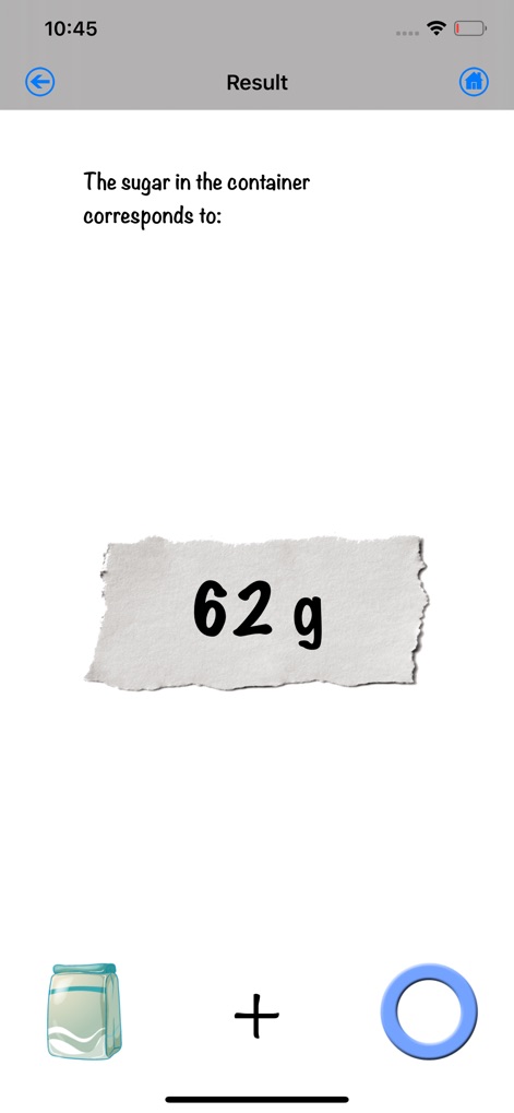 Kitchen Scales - La pantalla de resultados exhibe de forma concisa la cantidad medida, como los "62 g" de azúcar, presentados con un estilo de "papel rasgado" para mayor claridad. También se muestran los iconos del tipo de ingrediente y la forma del recipiente usados.