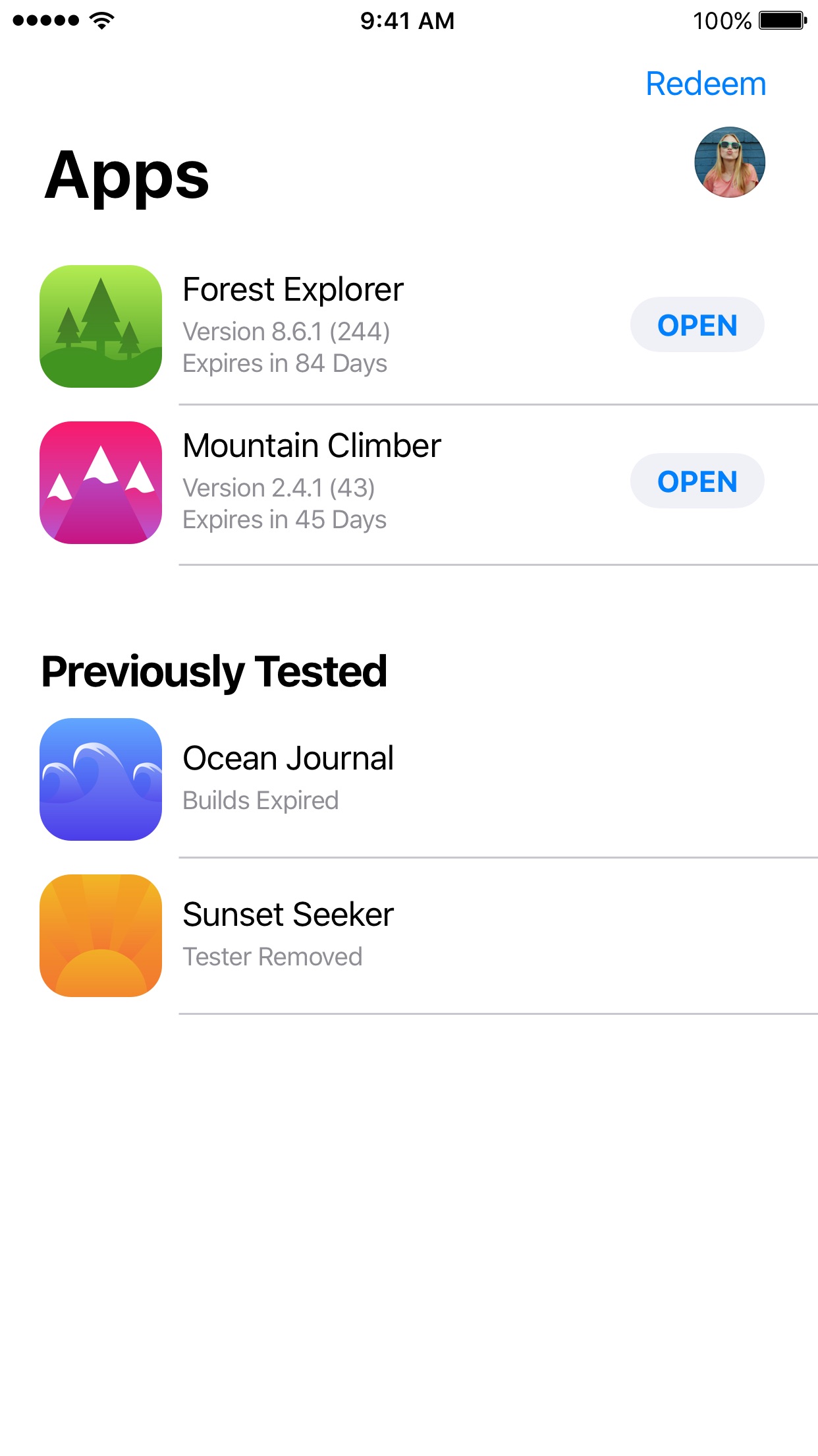 Screenshot do app TestFlight