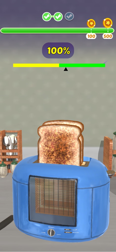 Chores! - Spring into Cleaning - The app includes engaging mini-games, such as perfectly toasting bread using a darkness slider, clearly indicating 100% completion upon task success.