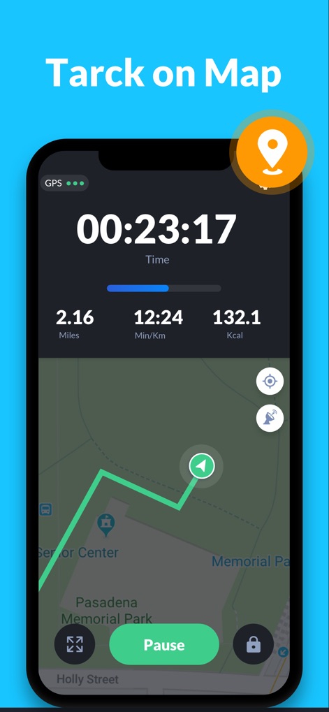 Step Tracker · Step Counter - The app enables real-time "GPS tracking" for outdoor activities, precisely mapping the user's "route" and displaying key metrics like duration and distance.
