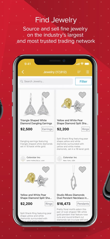RapNet - The Diamond Market - Die App präsentiert eine vielfältige Auswahl an Schmuckstücken mit hochwertigen Produktbildern und detaillierten Beschreibungen und bietet Nutzern über die Suchleiste mit integrierter Filterfunktion eine präzise Suche.