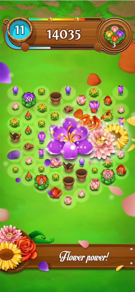 Blossom Blast Saga - Witness the "Flower Power" mechanic in action with a massive central bloom and the various interactive flower pots contributing to the puzzle.